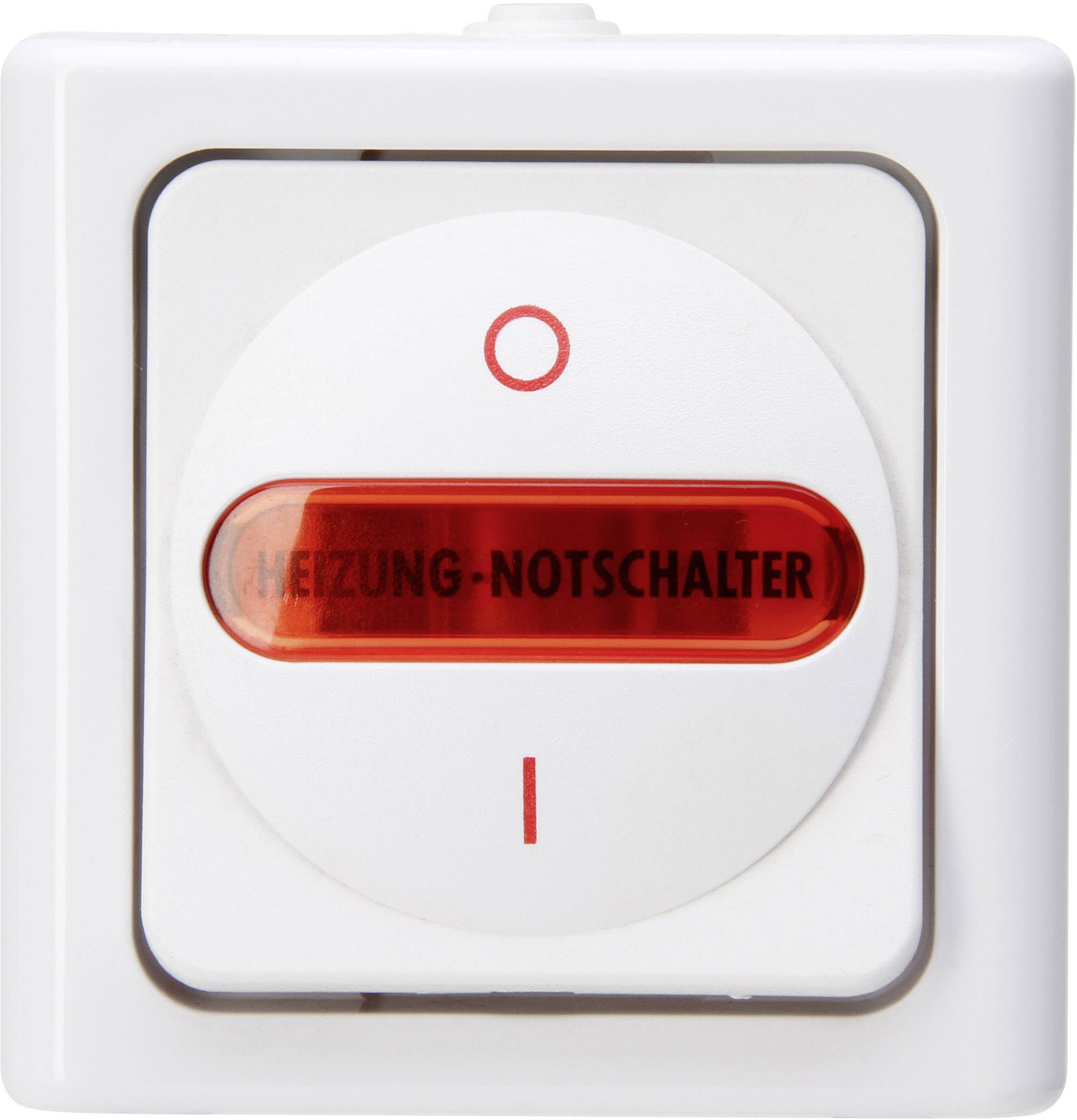 Ein quadratischer Heizungs-Notschalter mit rotem Schalter und der Aufschrift 'HEIZUNG-NOTSCHALTER' auf weißem Hintergrund.