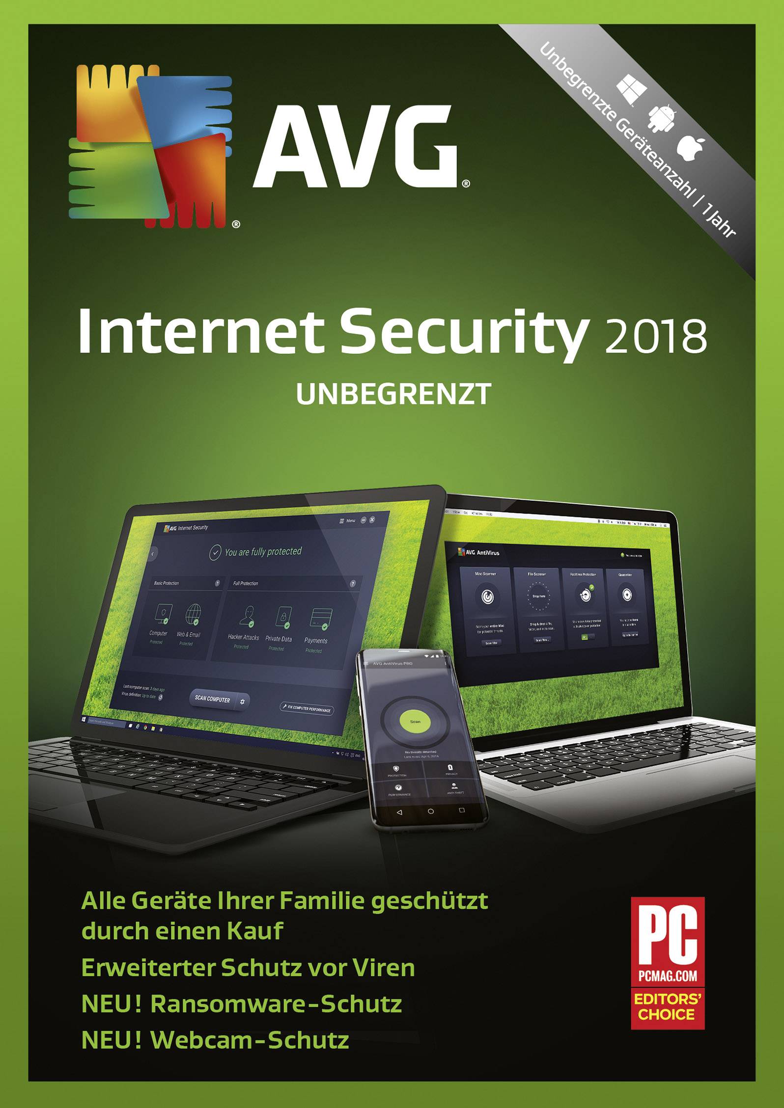 AVG Internet Secrurity Unlimited 2018 Vollversion, unbegrenzte Geräteanzahl Windows, Mac, Android Antivirus, Sicherheits-Software