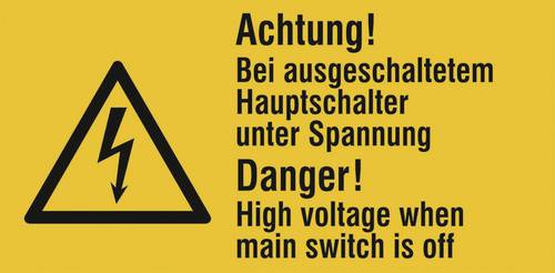 Warn-Kombischild Bei ausgeschaltetem Hauptschalter unter Spannung Folie selbstklebend (B x H) 65 mm x 32 mm ISO 7010 6 St.
