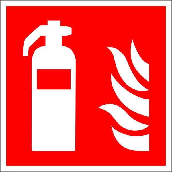 Ein Symbol zeigt einen Feuerlöscher neben Flammen auf rotem Hintergrund, das auf die Position eines Feuerlöschers hinweist.