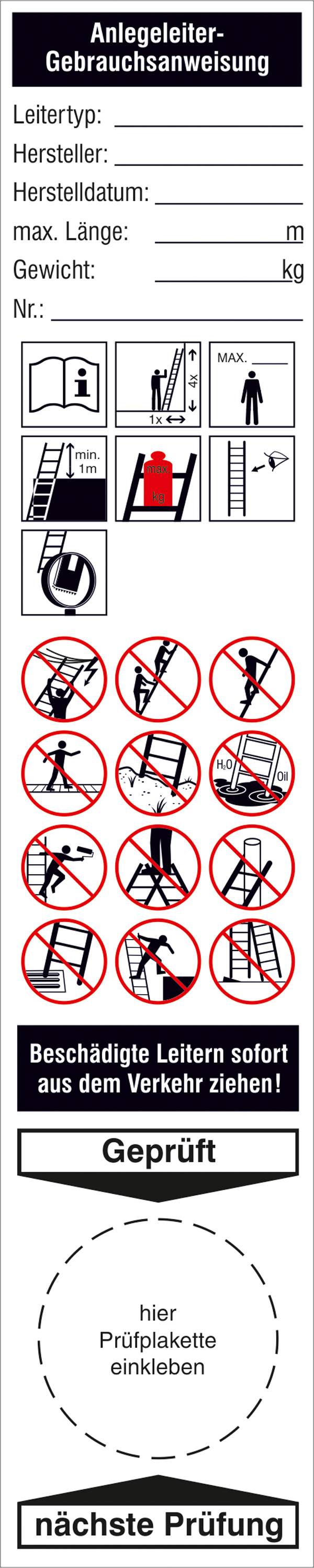'Anlegeleiter-Gebrauchsanweisung' zeigt Symbole zur sicheren Nutzung und Vermeidung von Risiken. Enthält Platz für Leiterinformationen und Prüfplaketten.