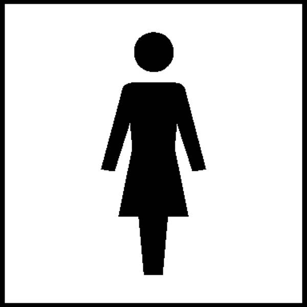 Symbol für Frauen-WC: schwarze, stilisierte Frauenfigur auf weißem Hintergrund.
