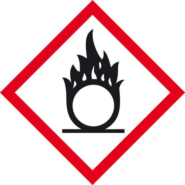 Symbol für brandfördernde Stoffe: Ein schwarzes Flammensymbol über einem Kreis im roten Rahmen.