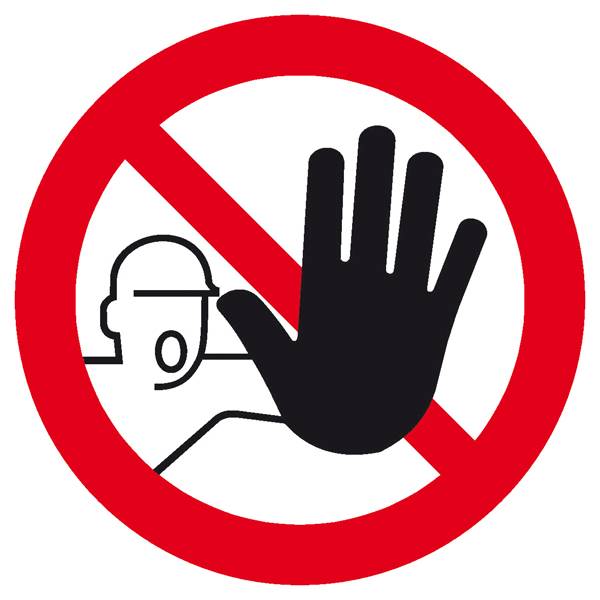 Stoppschild mit ikonischer Hand und Figur, die zum Anhalten auffordert. Symbolisiert 'Zutritt verboten' in einem roten Kreis.