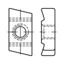 Technische Zeichnung eines rechteckigen Bauteils mit symmetrischen Linien und Aussparungen, zeigt Vorder- und Seitenansicht.