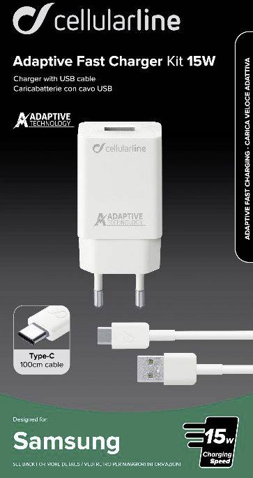 Cellularline ACHSMKIT15WTYCW USB Ladegerät 15 W USB 2.0 Buchse A, USB 3.2 Gen 1 Stecker C (USB 3.0) Weiß Steckdose