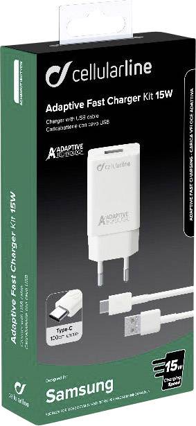 Cellularline ACHSMKIT15WTYCW USB Ladegerät 15 W USB 2.0 Buchse A, USB 3.2 Gen 1 Stecker C (USB 3.0) Weiß Steckdose