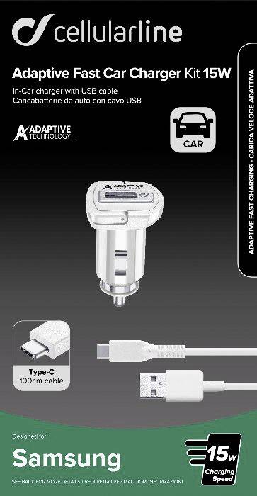 Cellularline CBRSMKIT15WTYCW USB Ladegerät 15 W USB 2.0 Buchse A, USB 3.2 Gen 1 Stecker C (USB 3.0) Weiß KFZ, LKW