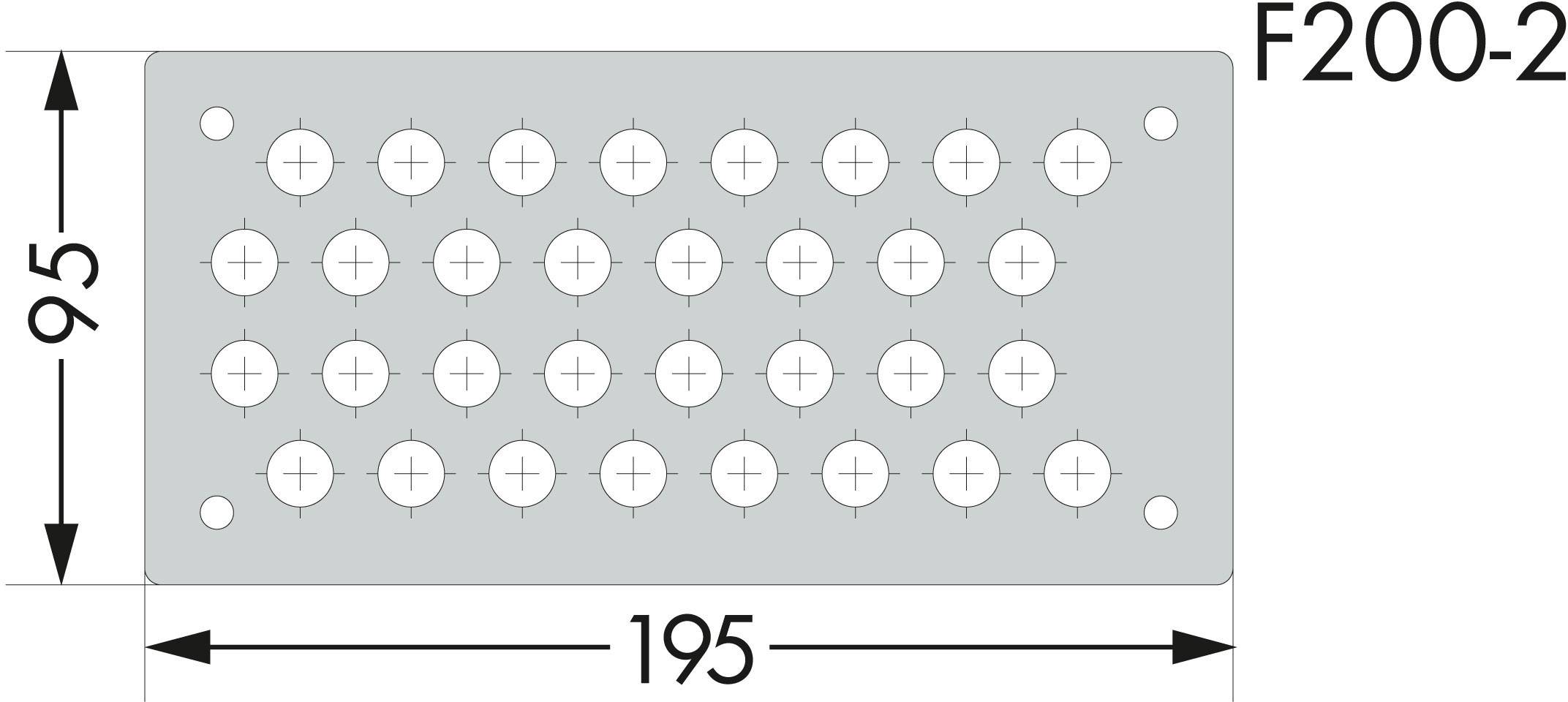 Metallplatte mit 32 runden Löchern in einem 4x8-Muster, Abmessungen 195x95 mm, Modellnummer 'F200-2'.