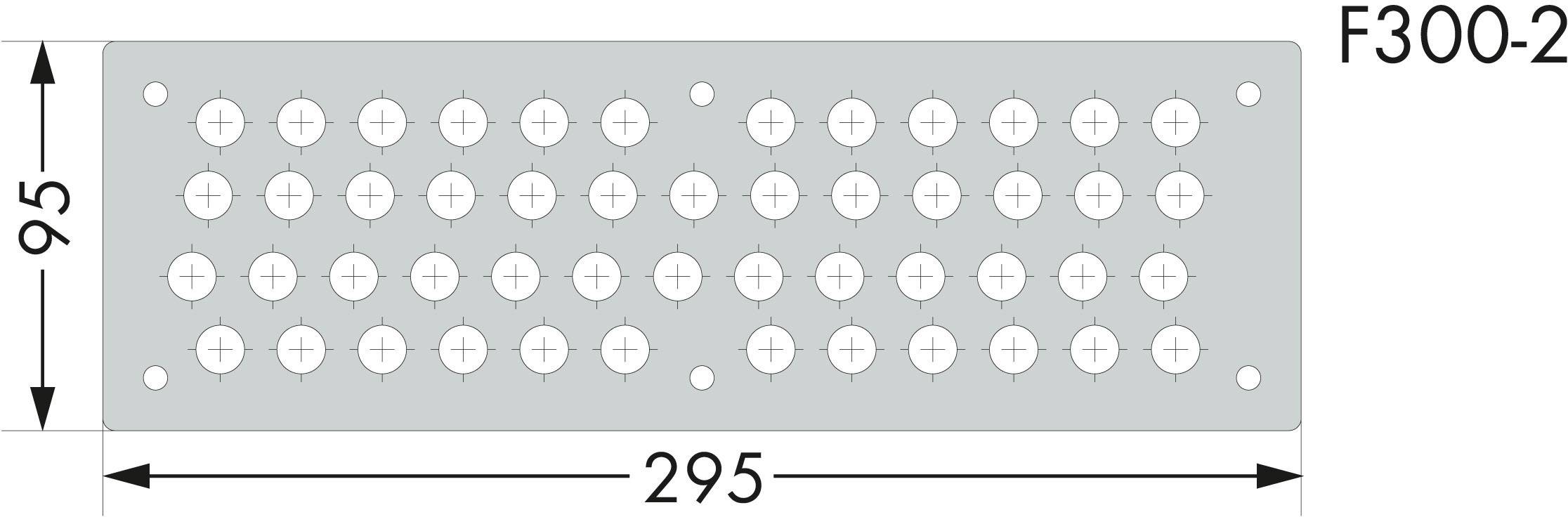F300-2: Rechteckiges Belüftungsgitter mit 48 Löchern, Abmessungen 295 mm x 95 mm. Ansicht von oben.