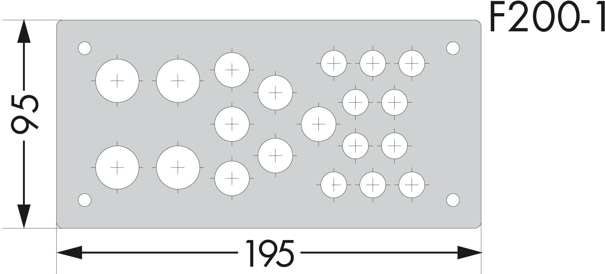 Rechteckige Metallplatte mit mehreren runden Löchern und Maßen: Breite 195 mm, Höhe 95 mm. Text 'F200-1' oben rechts.