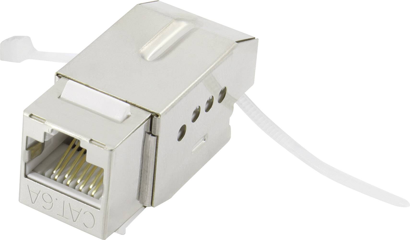 Ein silberner RJ45-Stecker mit Beschriftung 'CAT 6A'. Er hat ein Metallgehäuse und ist für Netzwerkinstallationen geeignet.