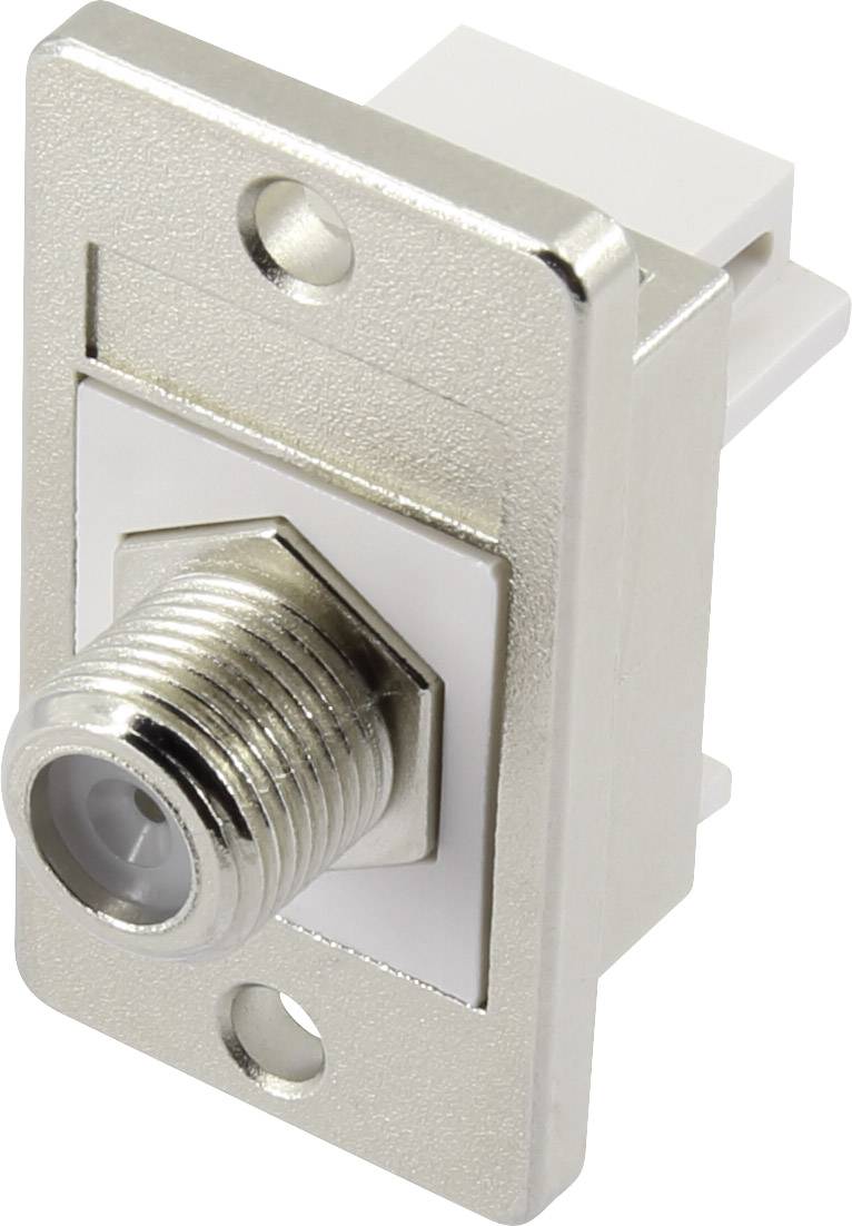 Ein Koaxialstecker aus Metall in einer Wandplatte, geeignet für TV-Anschlüsse oder Kabelverbindungen in einem Haushalt.