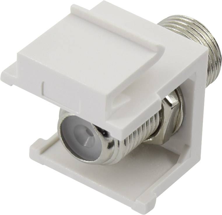 Ein weißer Keystone-Modul-Adapter mit einem Koaxialstecker, geeignet für Netzwerkinstallationen.