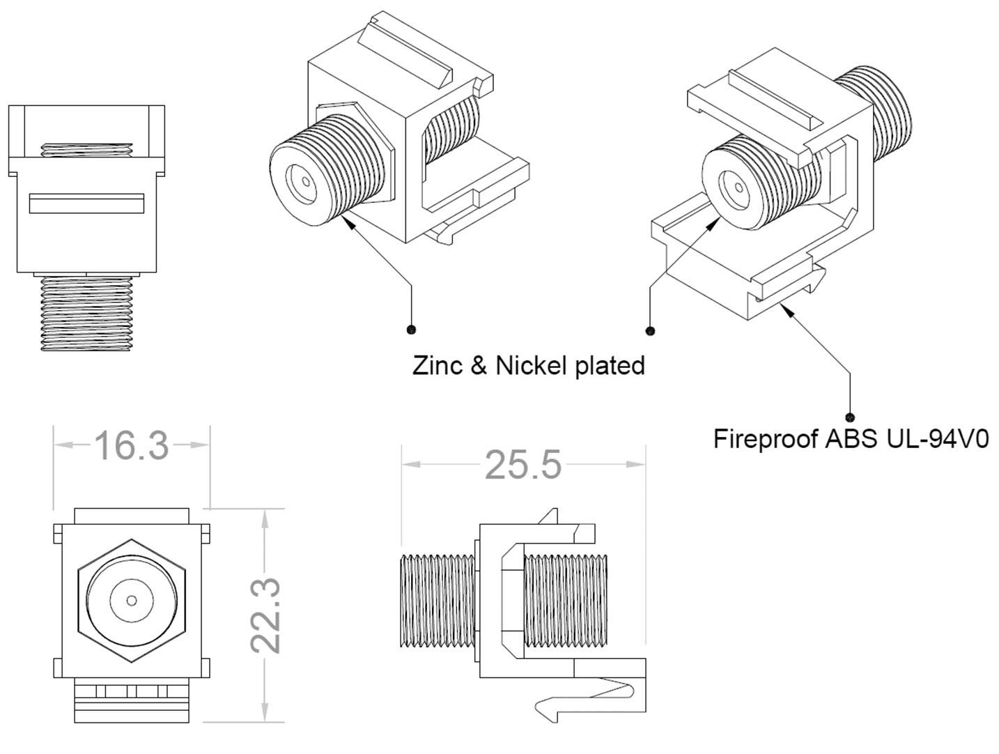 Technische Zeichnung eines Modulgehäuses. Oben 3D-Ansicht, unten Maße: 16,3 mm x 22,3 mm x 25,5 mm. Material: feuerfestes ABS, verzinkt und vernickelt.