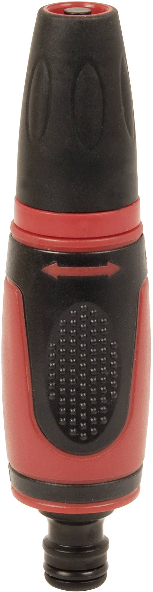 Roter und schwarzer Gartenschlauch-Sprühkopf mit Pfeilmarkierung.