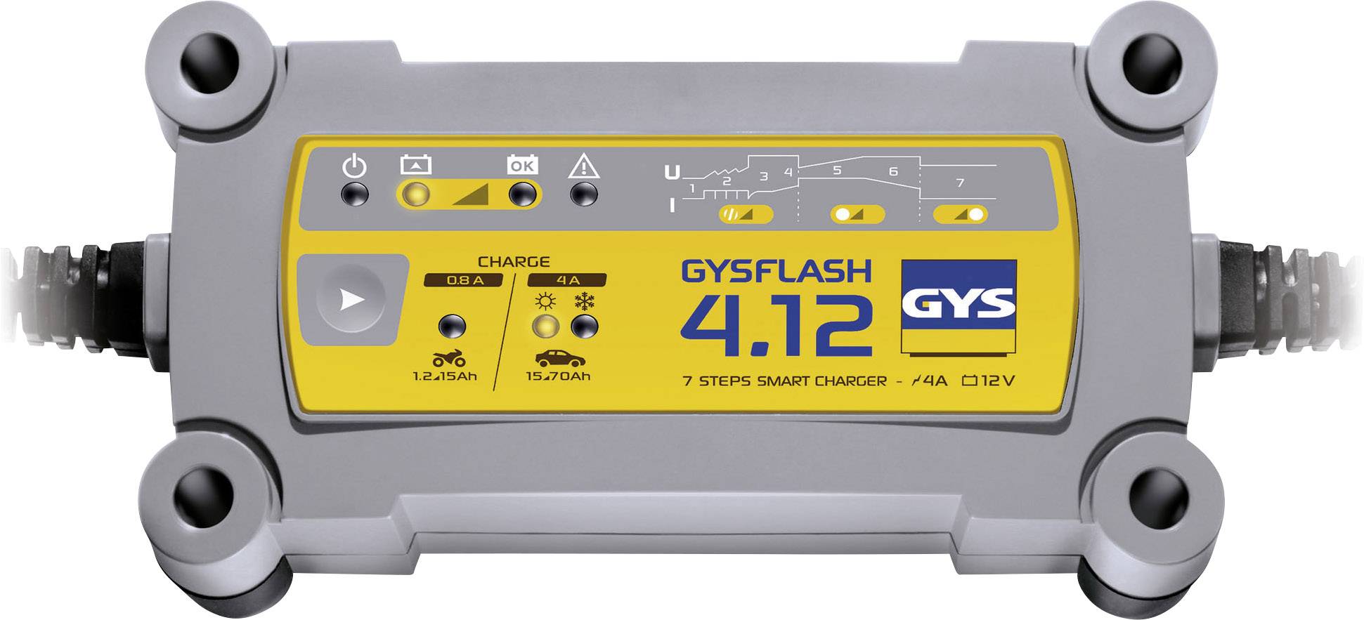 Grau-gelbes Batterieladegerät 'GYSFLASH 4.12 GYS' mit sieben Lademodi, LED-Anzeigen und Anschlusskabeln für 12-V-Fahrzeugbatterien.
