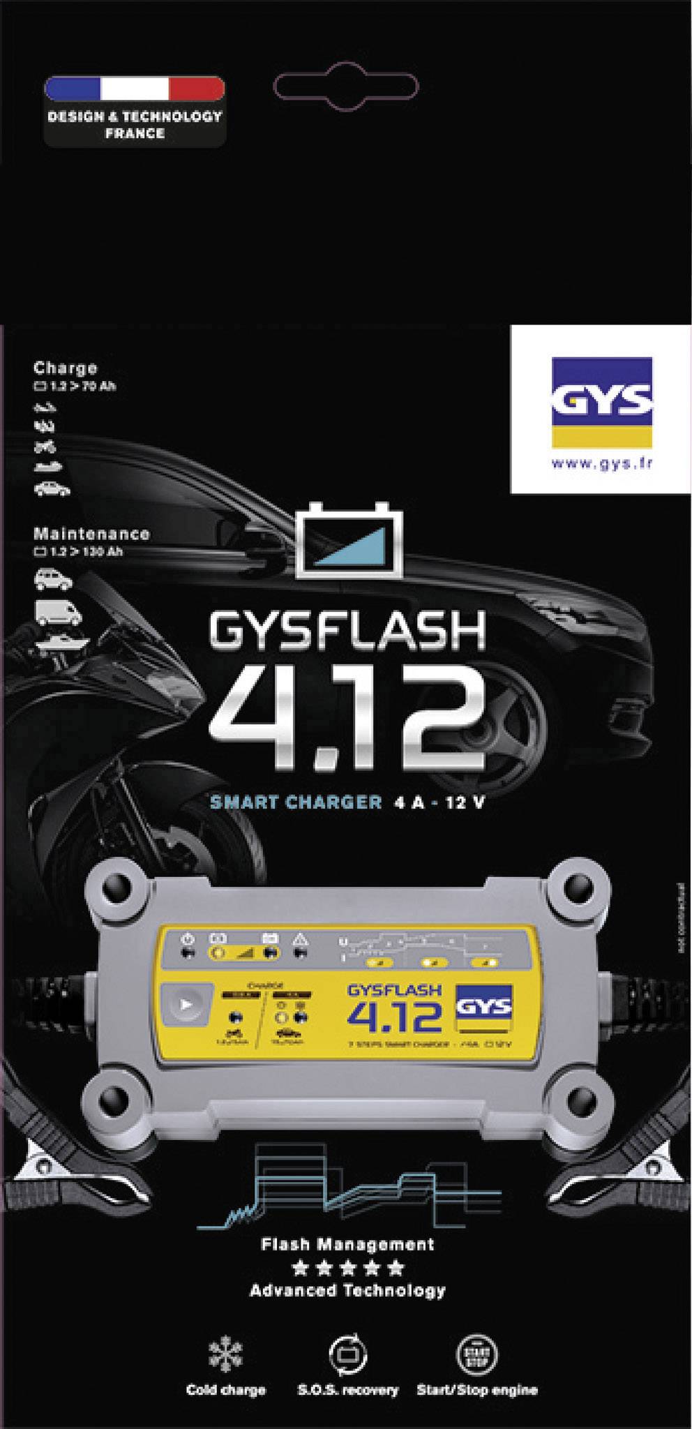 GYSFLASH 4.12, ein Smart-Ladegerät (4A, 12V), geeignet für verschiedene Fahrzeugmodelle. Design & Technologie aus Frankreich.