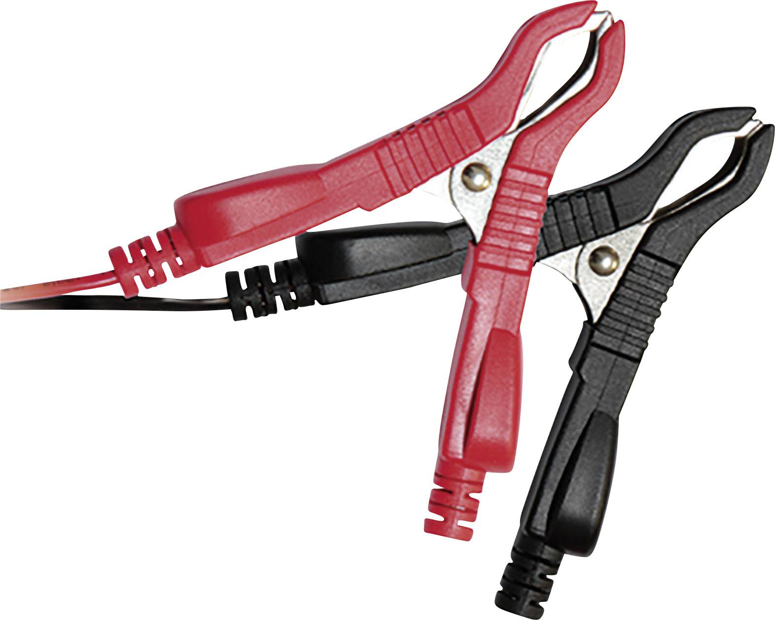 Ein Paar rote und schwarze Krokodilklemmen sind miteinander verbunden, typisch für Batterie-Ladegeräte.