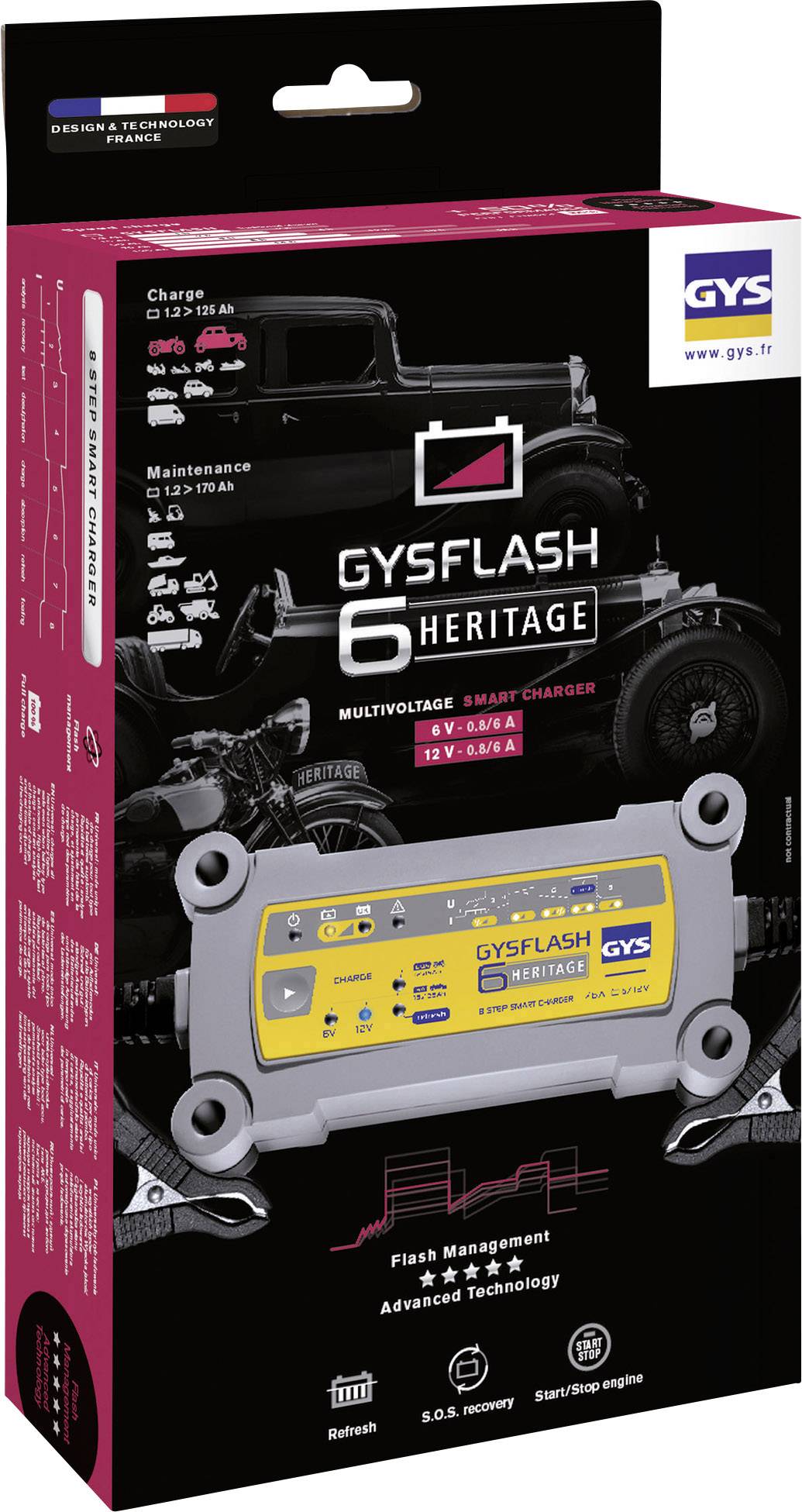 Verpackung eines GYSFLASH 6 Heritage Multiladegeräts. Zeigt das Ladegerät, technische Details und weist auf fortschrittliche Technologie und Kompatibilität mit Oldtimern hin.