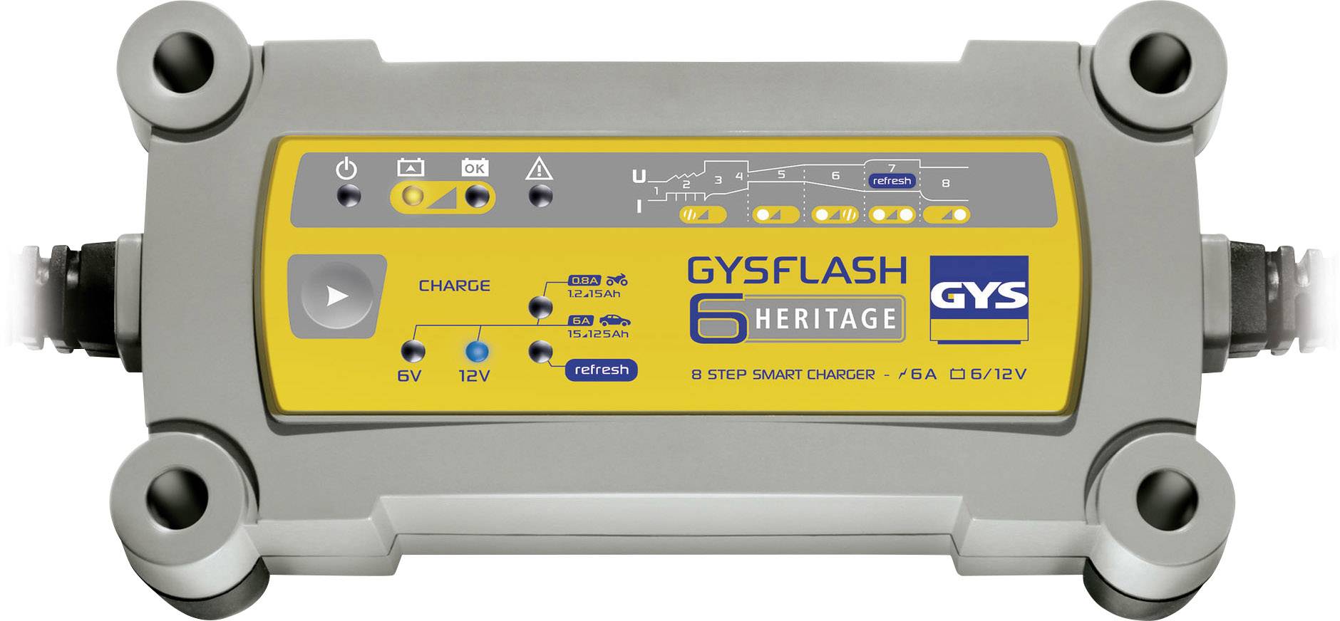 Grau-gelbes Batterieladegerät mit Anzeigeleuchten und Anschlüssen. Marke 'GYSFLASH 6 HERITAGE'. Zeigt Ladevorgang und Stufen an.