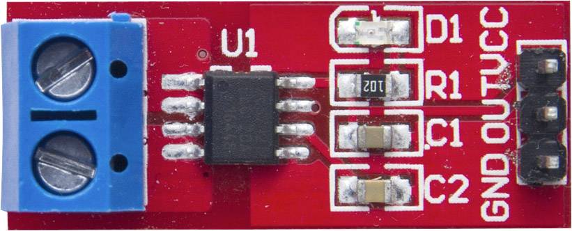 Rotes elektronische Modul mit Schaltkreis. Links ein blauer Anschlussblock, rechts Steckkontaktleisten beschriftet mit D1, R1, C1, C2, GND, OUT, VCC.