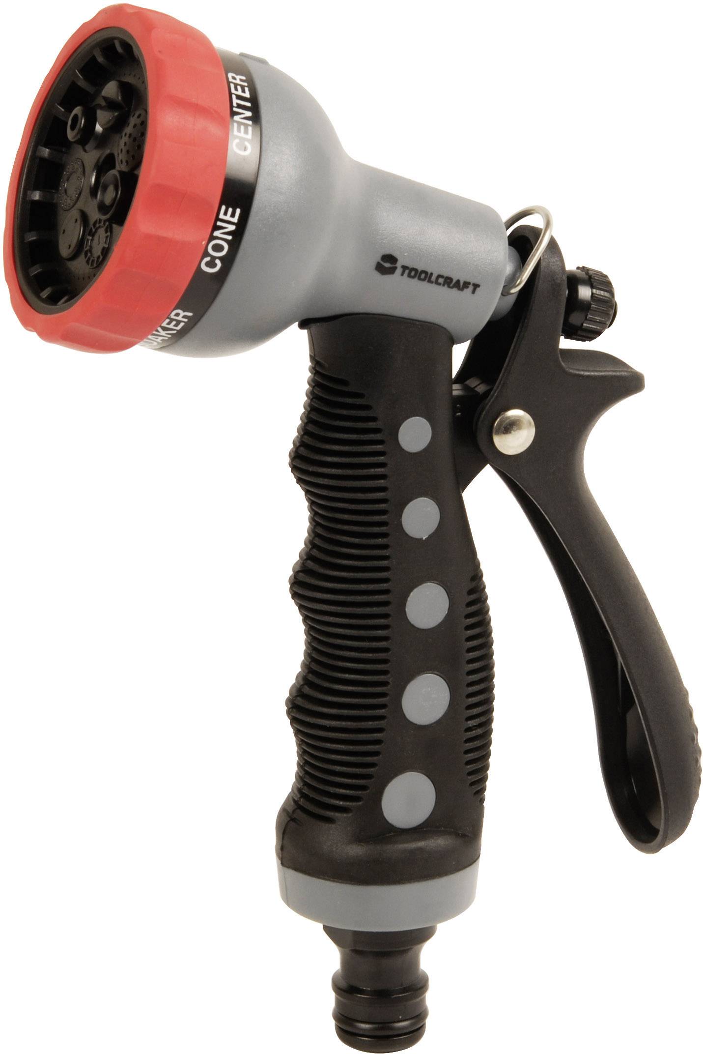 Graue Gartenspritzdüse mit roter Verstellung und schwarzem Griff. Markenname 'TOOLCRAFT' auf der Seite.