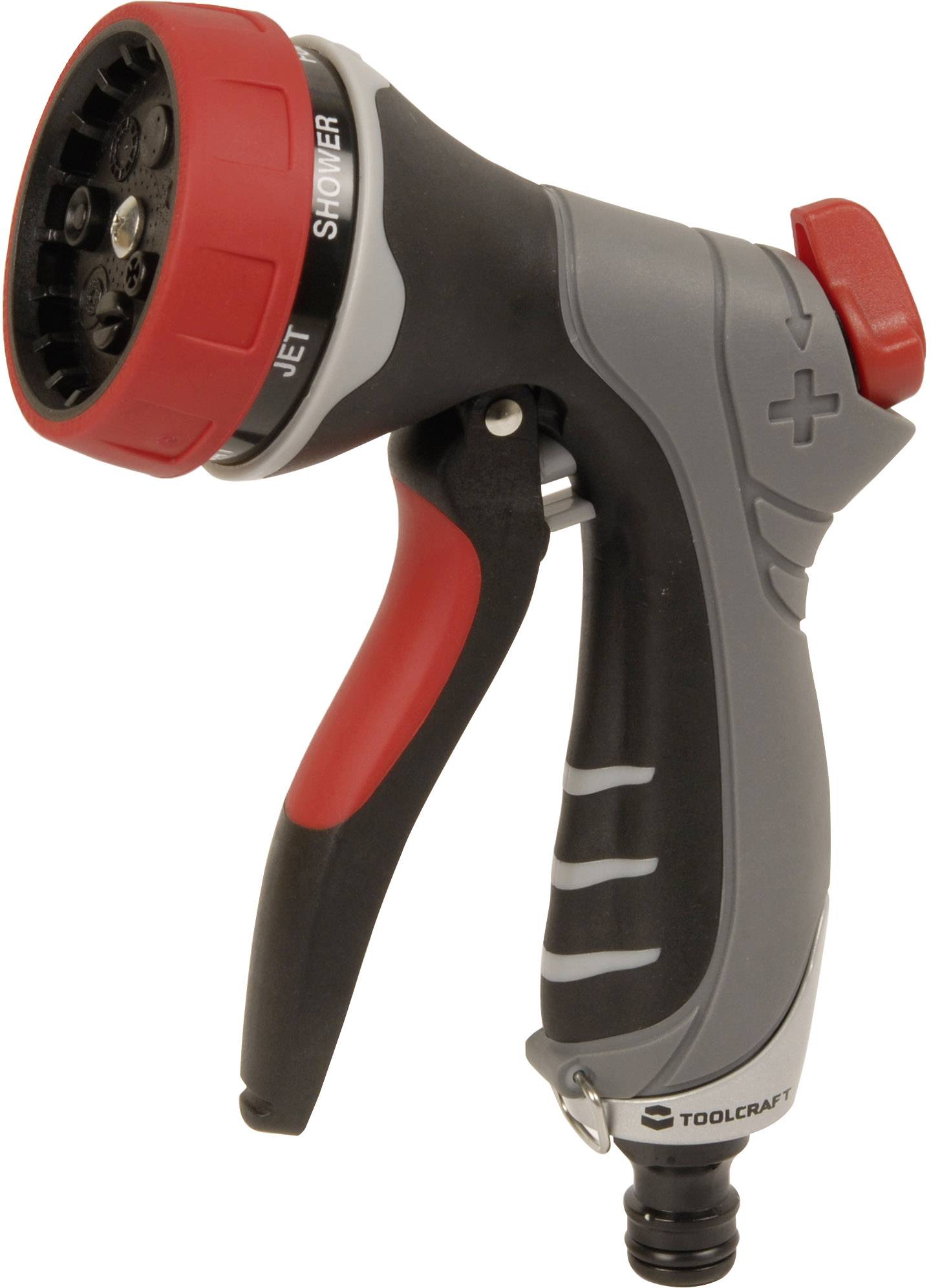 Wassersprühdüse mit rotem Kopf und grauem Griff, die mehrere Sprüheinstellungen ermöglicht, darunter 'Jet' und 'Shower'.