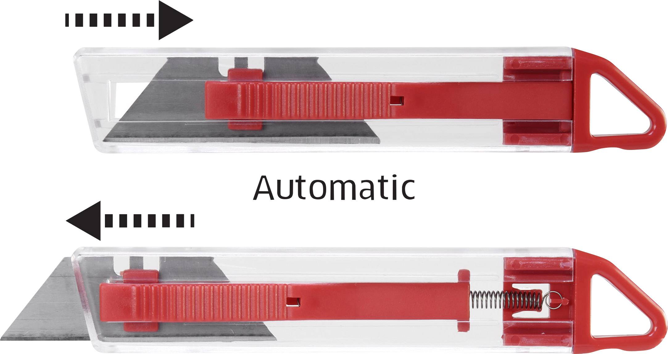 'Automatischer' Cutter mit einziehbarer Klinge. Oberes Bild: Klinge eingefahren. Unteres Bild: Klinge ausgefahren durch Druckknopf.