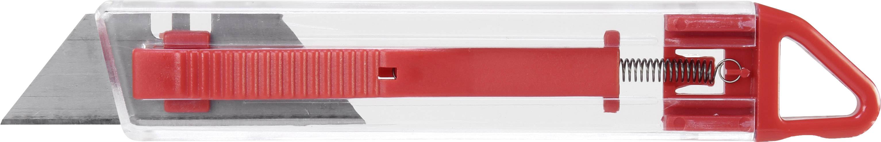 Cuttermesser mit rotem Griff und einziehbarer Klinge, seitliche Ansicht.