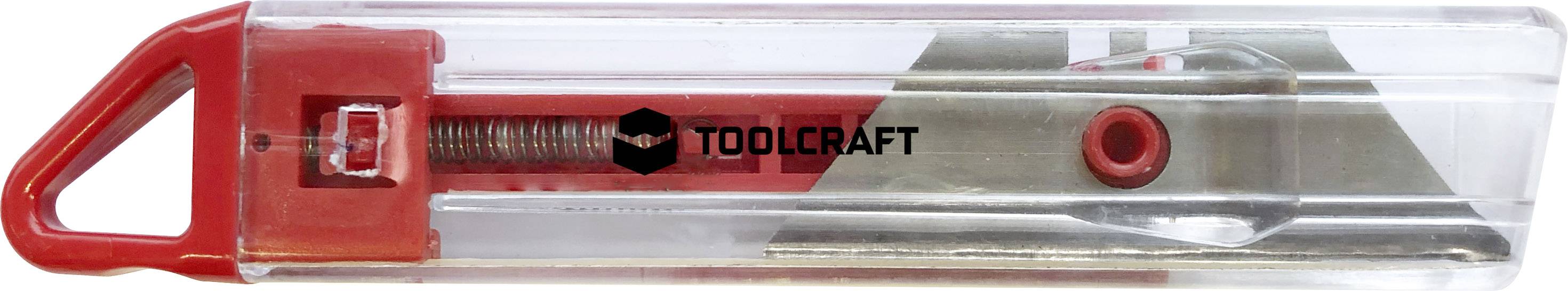 Ein transparenter Gehäusespitzer der Marke Toolcraft mit rotem Akzent, der eine scharfe Klinge und eine Feder innerhalb des Gehäuses zeigt.