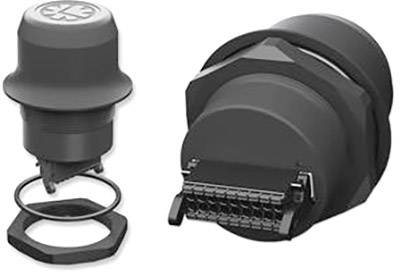 Zwei schwarze, zylindrische elektronische Steckverbinder mit Sicherungsringen und Anschlüssen, voneinander getrennt dargestellt.