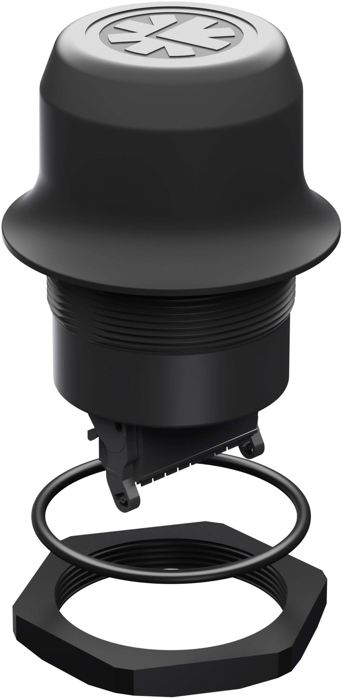 Schwarzer, zylindrischer elektrischer Steckverbinder mit Ringen und Gewinde, aus Kunststoff. Wird in elektronischen Geräten verwendet.