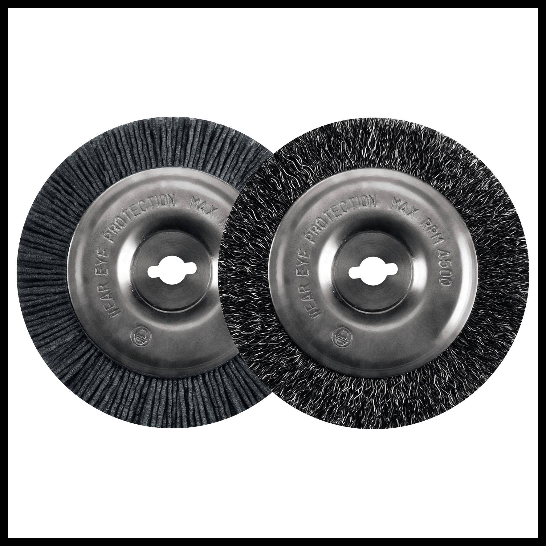 Zwei runde Stahlbürsten nebeneinander, jeweils mit dem Hinweis 'Wear Eye Protection'. Sie haben dichte Borsten unterschiedlicher Dicke.