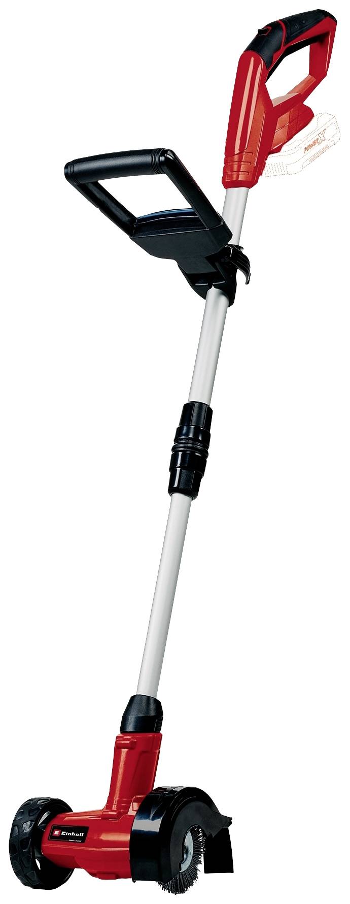 Ein roter elektrischer Rasenkantenschneider mit ausziehbarem Griff und zwei Rädern. Geeignet für präzises Schneiden von Rasenkanten.