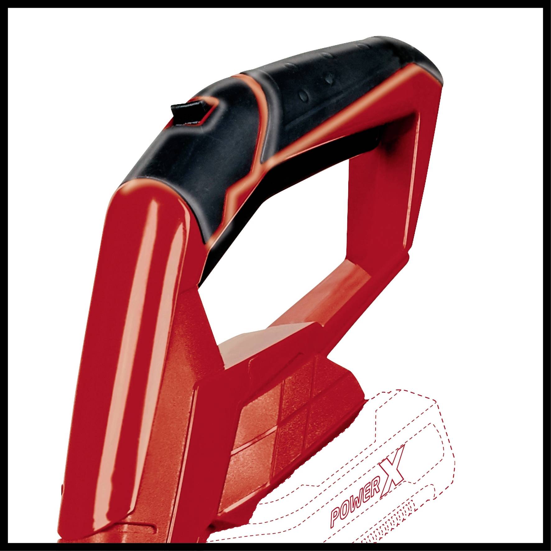 Gezackter Griff einer Elektrowerkzeug-Komponente in Rot und Schwarz, markiert mit 'POWER X'.