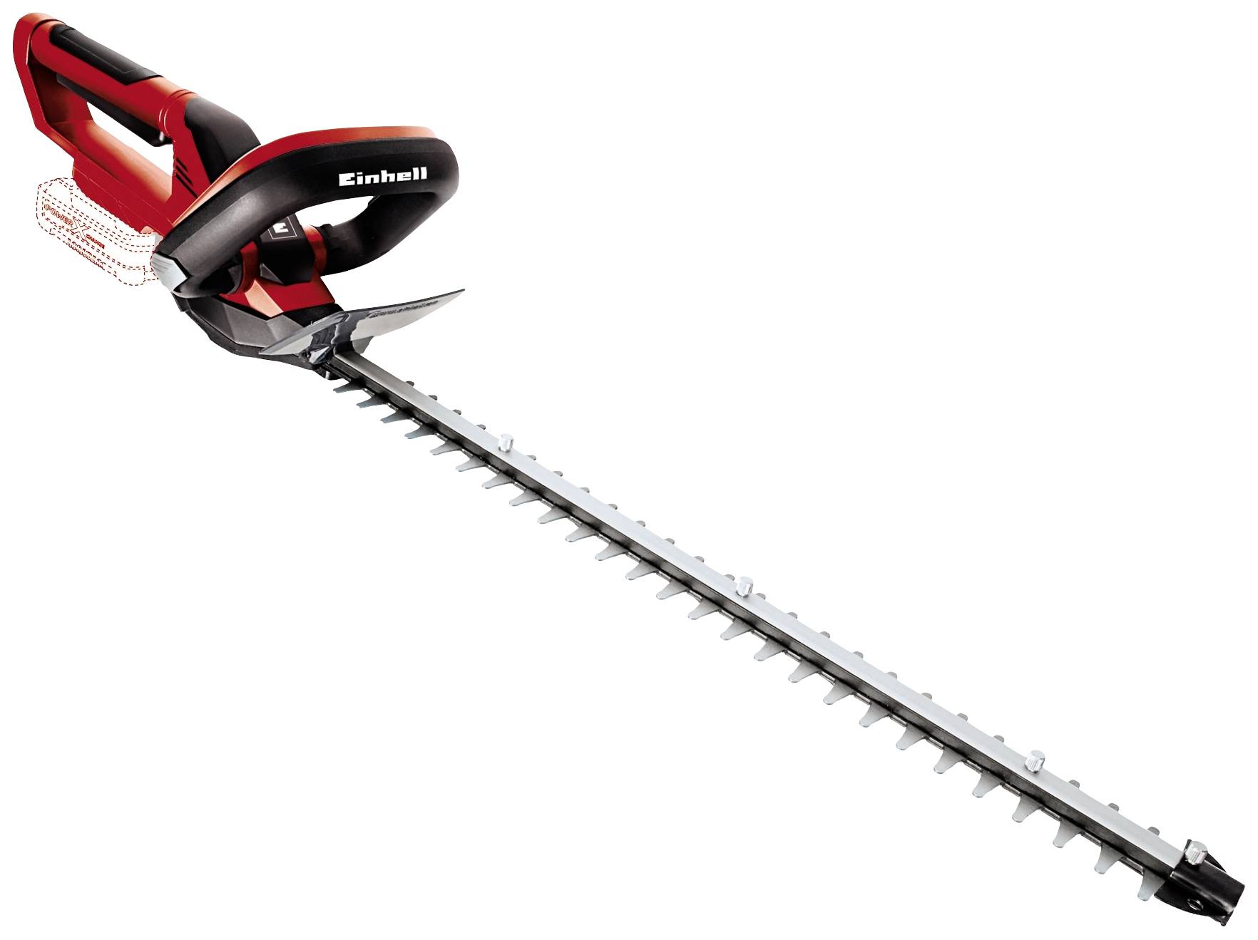 Kabellose Heckenschere in Rot und Schwarz mit langem Schneidbalken. Geeignet für das Trimmen von Hecken im Garten.