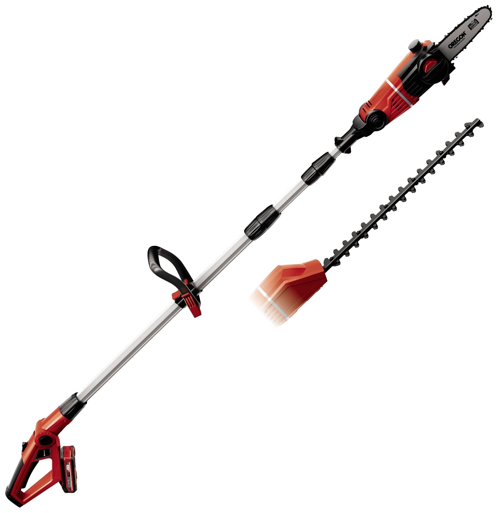 Eine rote, teleskopierbare Gartenmaschine mit zwei Aufsätzen: oben eine Kettensäge, unten ein Heckenschneider.