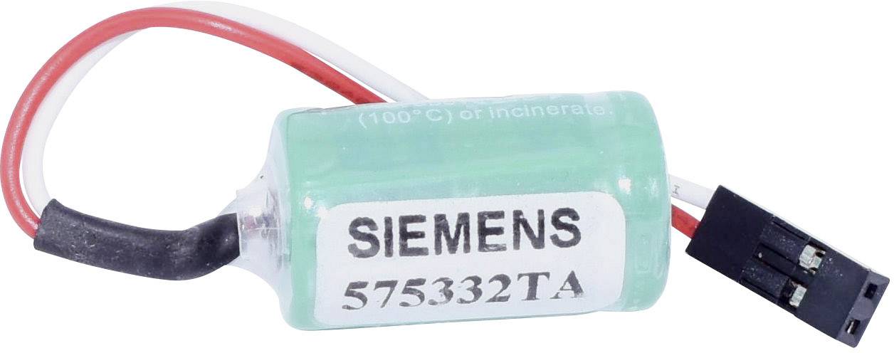 Ein grüner zylindrischer Akku mit der Aufschrift 'SIEMENS 5753332TA', verbunden mit roten und schwarzen Drähten und einem Stecker.
