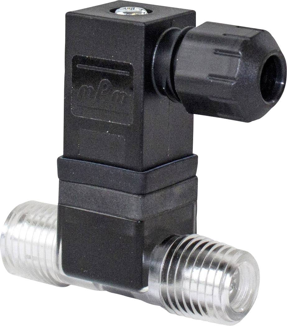 Ein schwarzer, rechteckiger Durchflusssensor mit zwei transparenten Gewindeanschlüssen rechts und links für Rohrverbindungen.