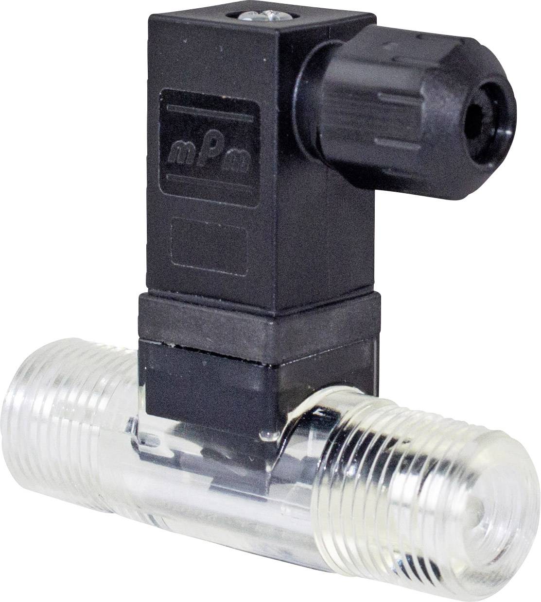 Durchflusssensor in T-Form mit transparentem Kunststoffgehäuse und schwarzem Anschluss. Geeignet zur Messung von Flüssigkeitsflüssen.