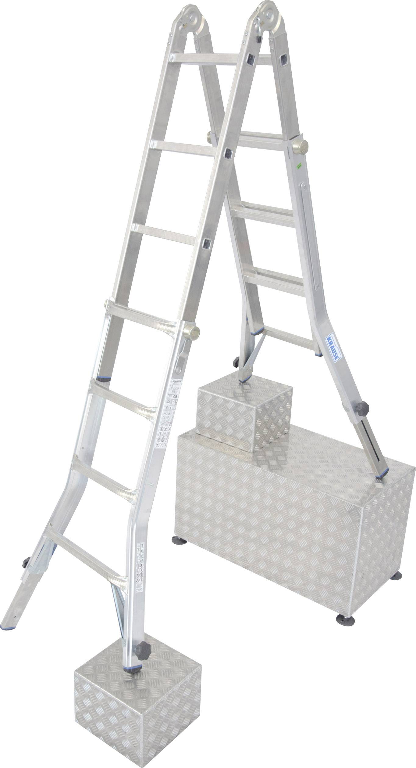 Aluminiumleiter in A-Form auf gestapelten Metallblöcken, zeigt Standsicherheit durch ungleichmäßigen Untergrund, Einsatz in Bau und Handwerk.