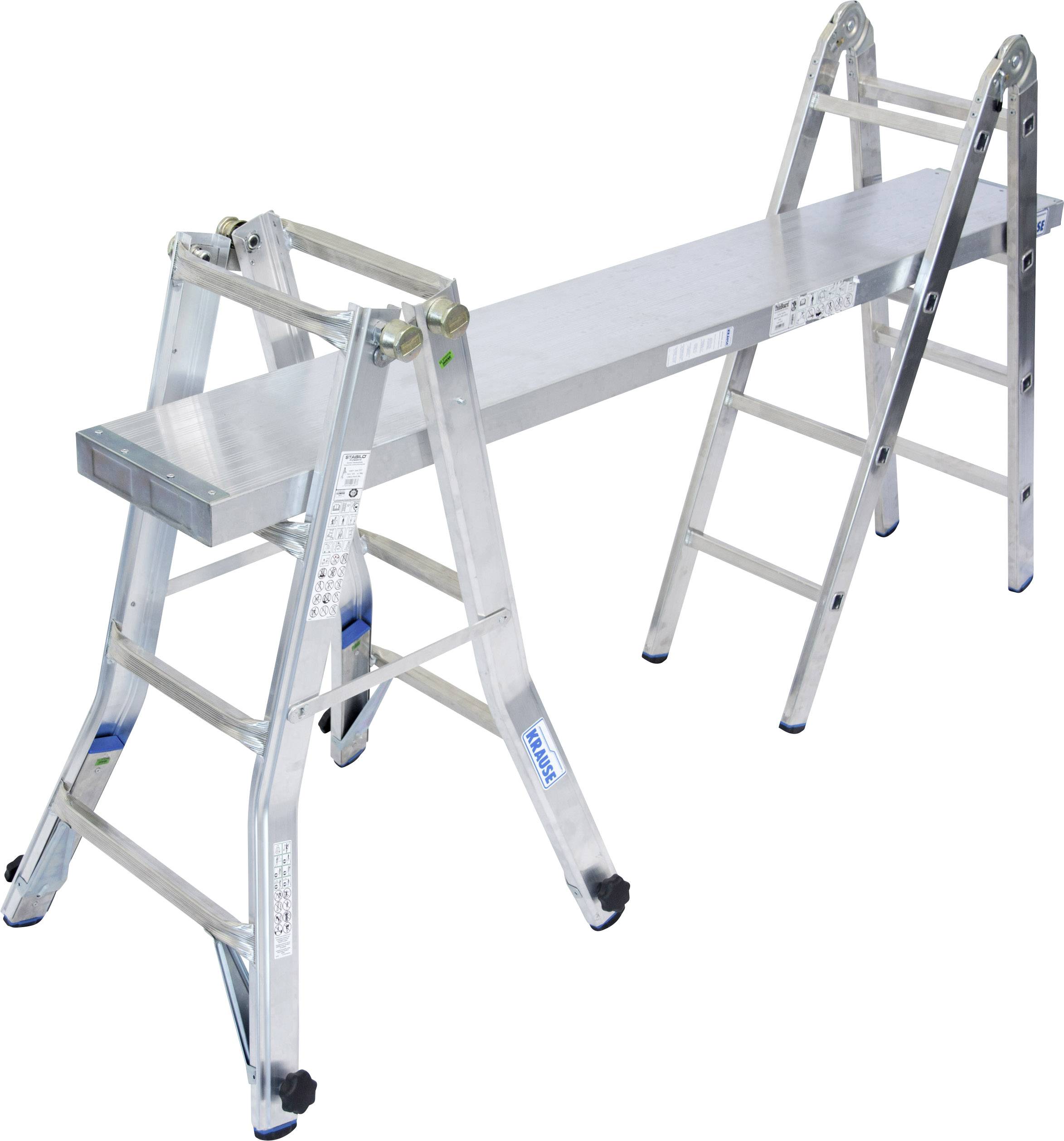 'Aluminiumleiter' in Gerüststellung, geeignet für vielseitige Arbeiten, verstellbar mit rutschfesten Stufen. Ideal für Bauprojekte.