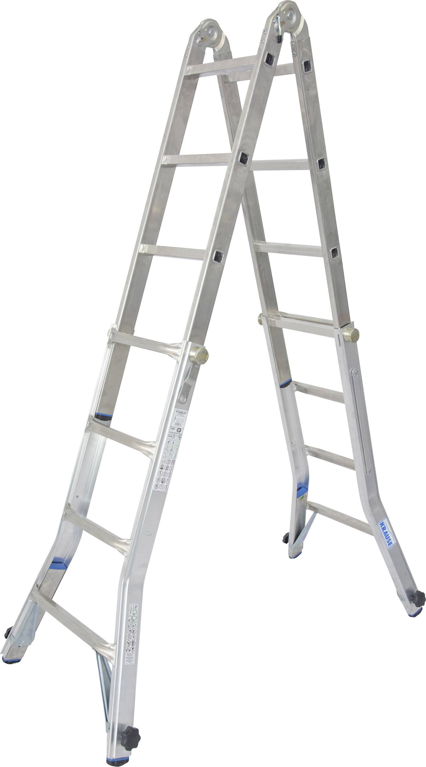 Eine Aluminiumleiter steht in A-Frame-Position. Sie hat mehrere Sprossen auf jeder Seite und kleine Räder an den Füßen.