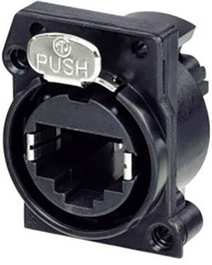 Schwarze XLR-RJ45-Kombibuchse mit 'PUSH'-Schaltfläche zur einfachen Entfernung des Steckers. Geeignet für Audio- und Netzwerkanwendungen.