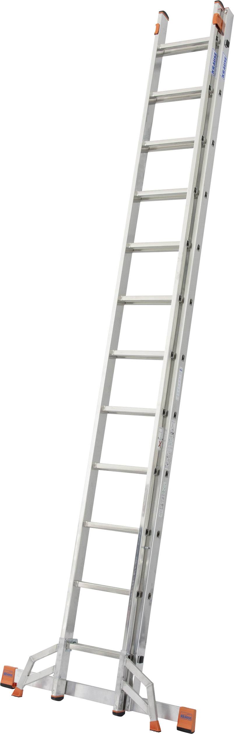 Eine silberne Aluminiumleiter mit orangefarbenen Schutzkappen an den Füßen steht aufrecht.