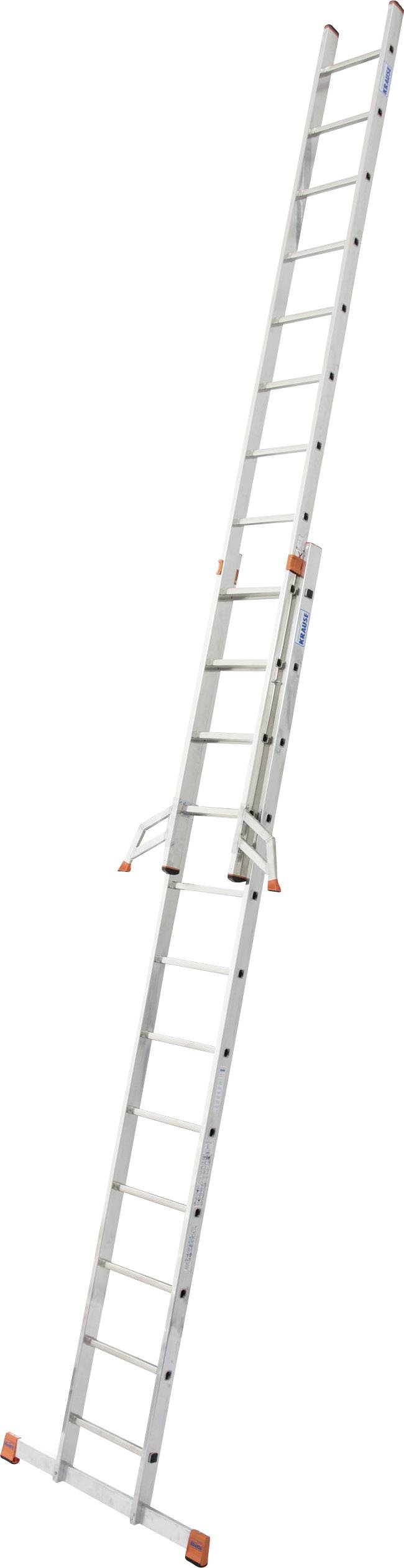 Eine lange, ausziehbare Aluminiumleiter mit orangefarbenen Akzenten, ausgefahren und schräg zum Anlehnen an eine Wand positioniert.