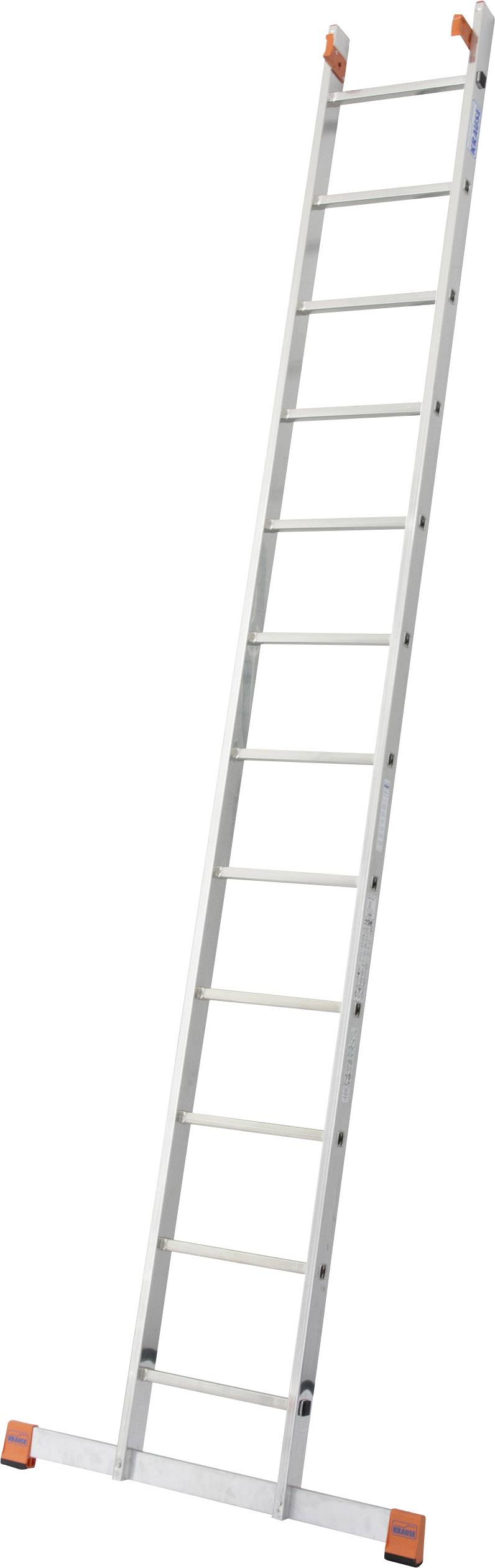 Eine lange, weiße Leiter mit orangefarbenen Fußstützen steht leicht geneigt.