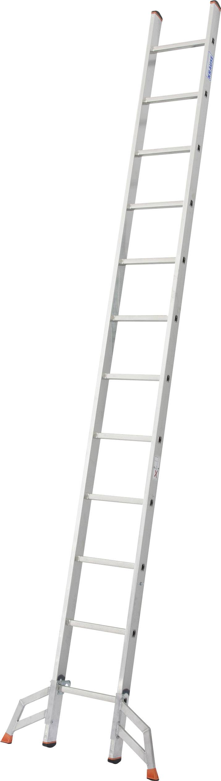 Eine lange Aluminiumleiter mit zwölf Sprossen, stehend aufrecht mit orangefarbenen Gummikappen an den Füßen.