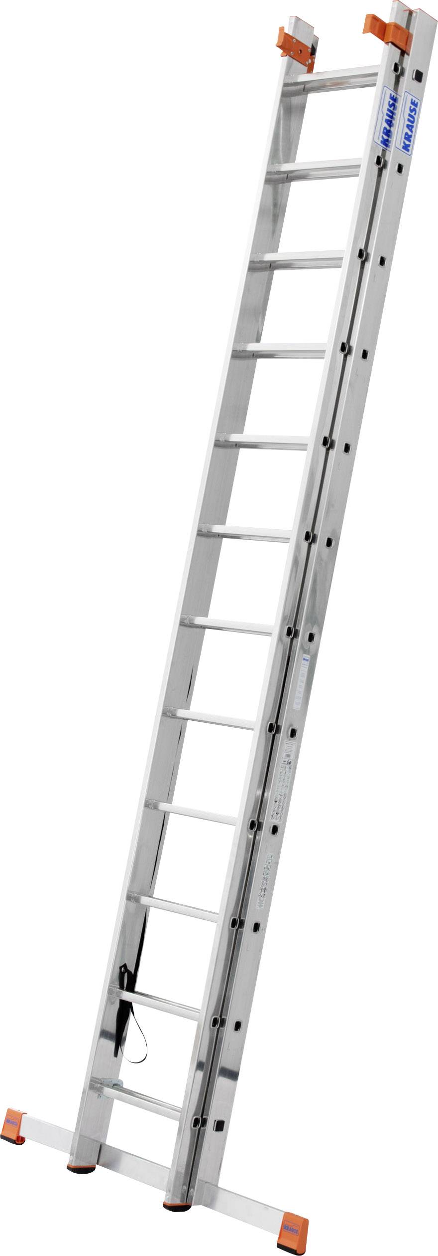 Eine lange Aluminiumleiter mit mehreren Sprossen, ausgezogen und einsatzbereit. Geeignet für hohe Stellen oder Arbeiten.